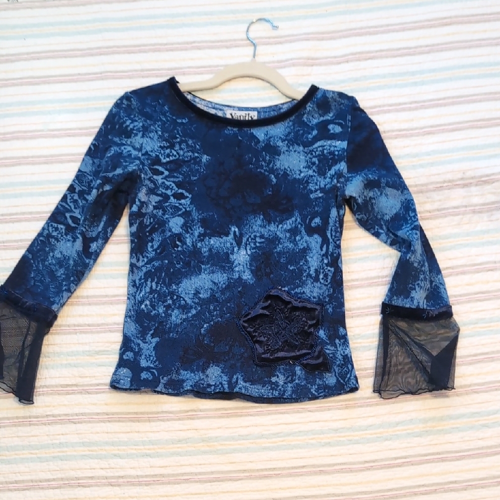 🌼Vanity Navy Long Sleeve Dressy Tee with Mesh Accents